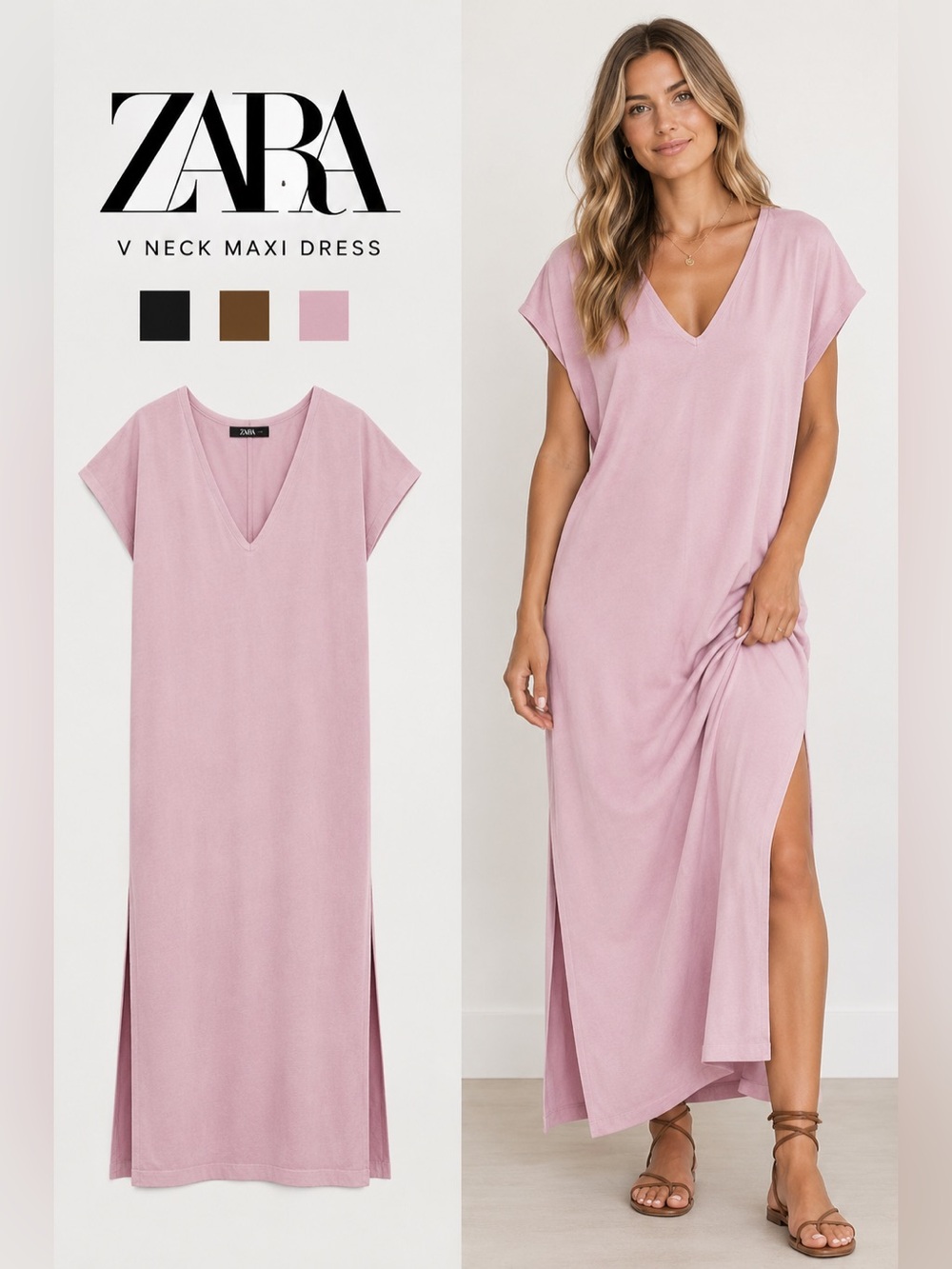ZARA V Neck Maxi Dress with Side Slits pink size large NWT